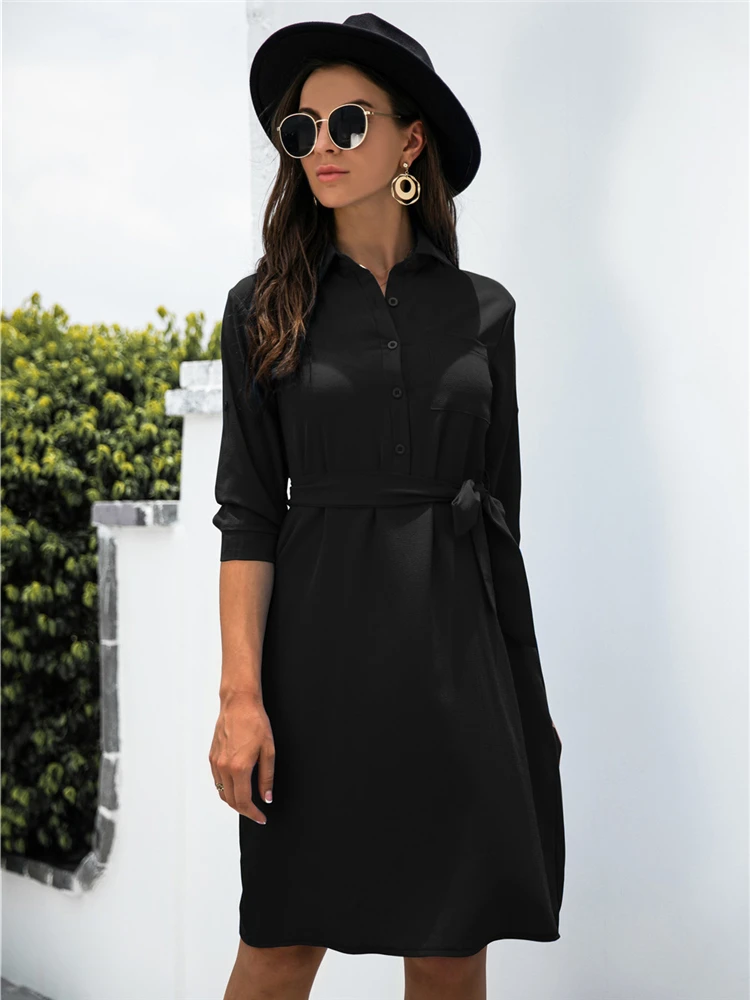 Women Fall Winter 2022 New Solid Color Button Lapel Sleeve Shirt Dress For  Ladies Trun Down Collar Lace Up Dresses For Fashion