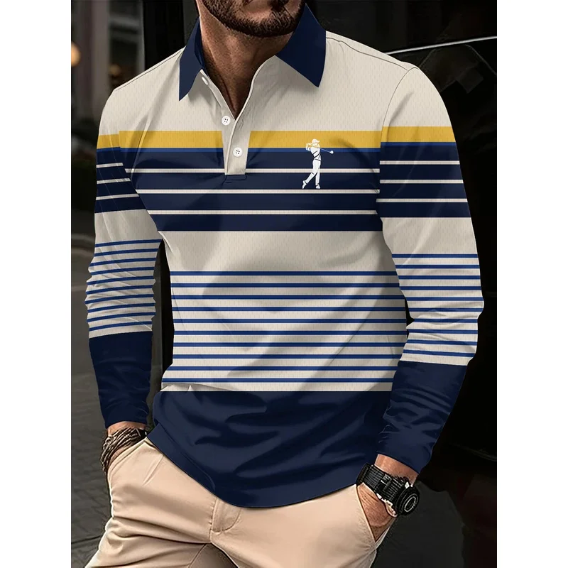 Men's long-sleeved striped polo shirt, men's high tie button, double-sided German velvet shirt for winter