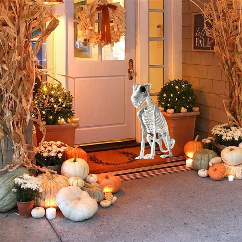 【신규】할로윈 앉아있는 개 해골 뾰족한 이빨이 있는 무서운 소름 끼치는 앉아있는 개 해골 할로윈 공포 장식