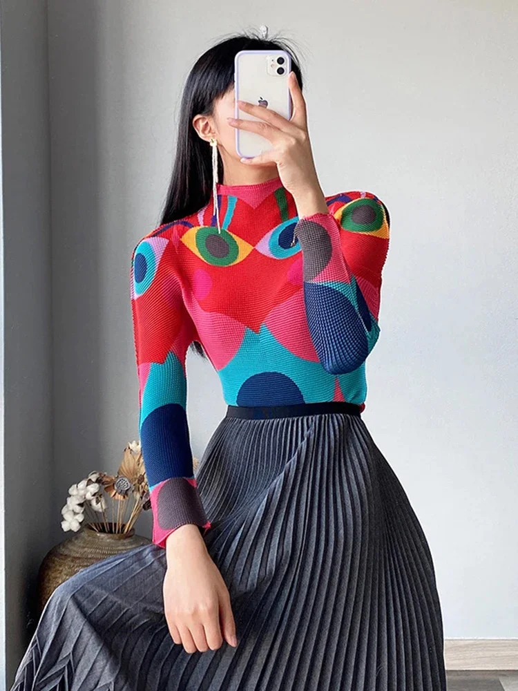

Geometric Printing T-shirt Women Long Sleeves High Neck Slim Pleated Top Ladies All Match Chic Clothing Autumn 2R5223