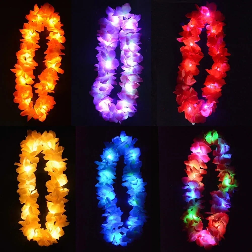 Women Girl Hawaii Light Up Flower Lei Necklace Hula Garland Wreath Wedding Hawaiian Costume Tropical Luau Glow Party Supplies