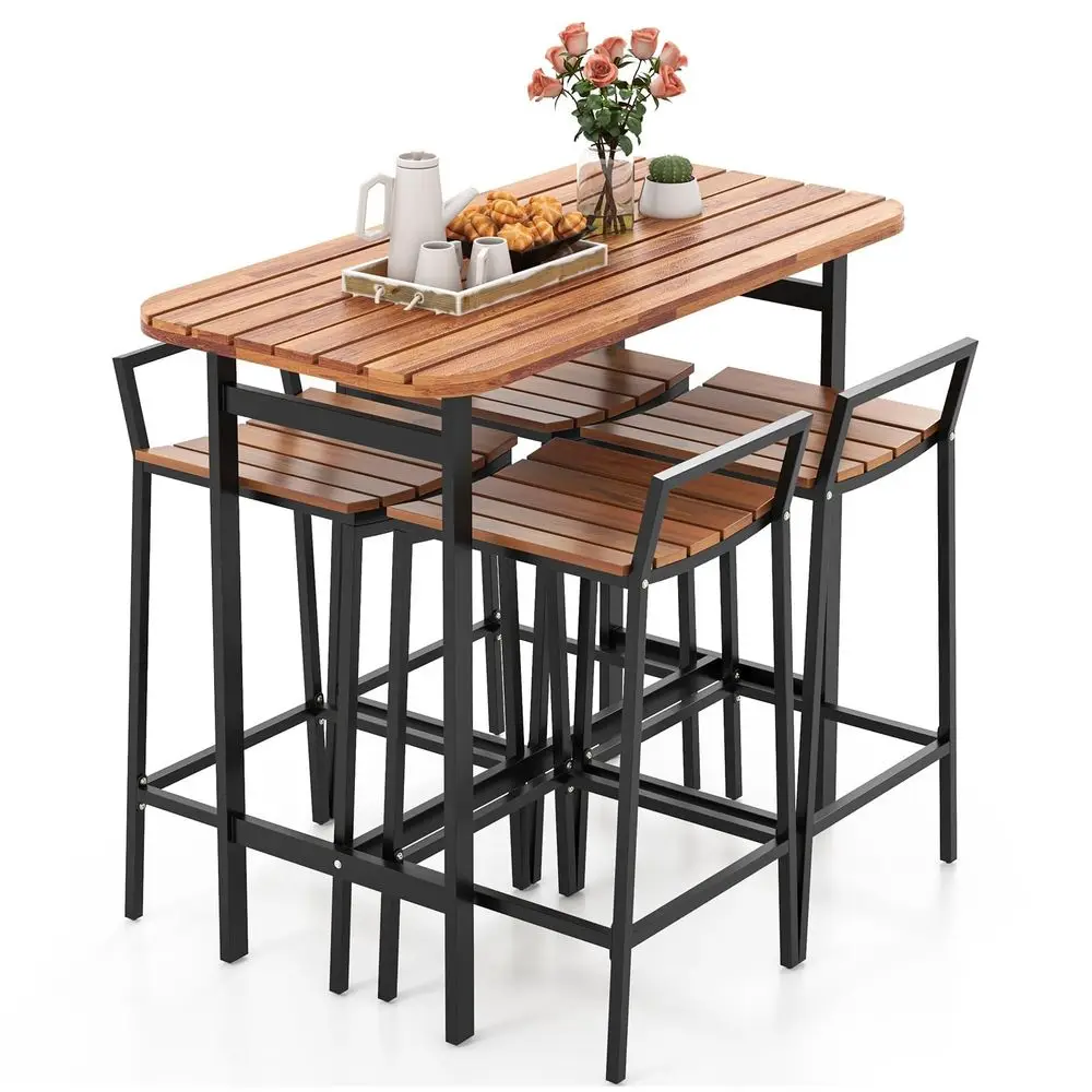

5 Pieces Acacia Wood Patio Bar Set, Outdoor Bar Table Chairs Set with Metal Frame amp Footrest, Patio Furniture for Porch Pools