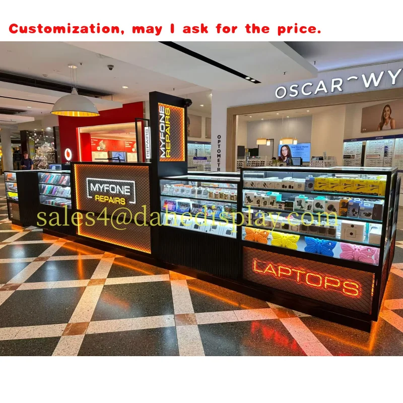 

На заказ. Современный ремонт телефона. Витрина магазина. Аксессуары для мобильных телефонов. Шкаф-дисплей. Киоск сотового телефона.