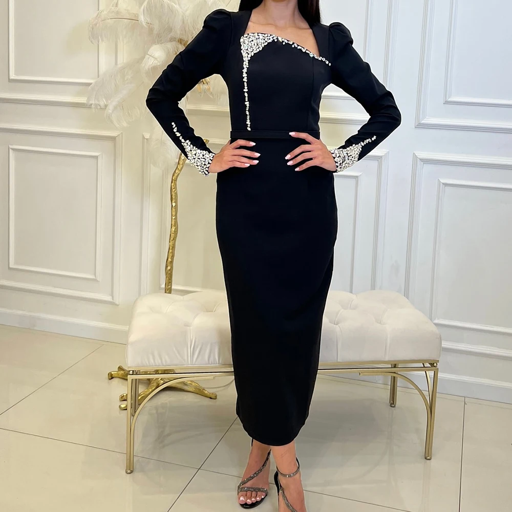 

Straight Square Neck Jersey Long Sleeves Tea Length Black Classic and Formal Evening Dresses Crystal Pleats Saudi Arabia 2024