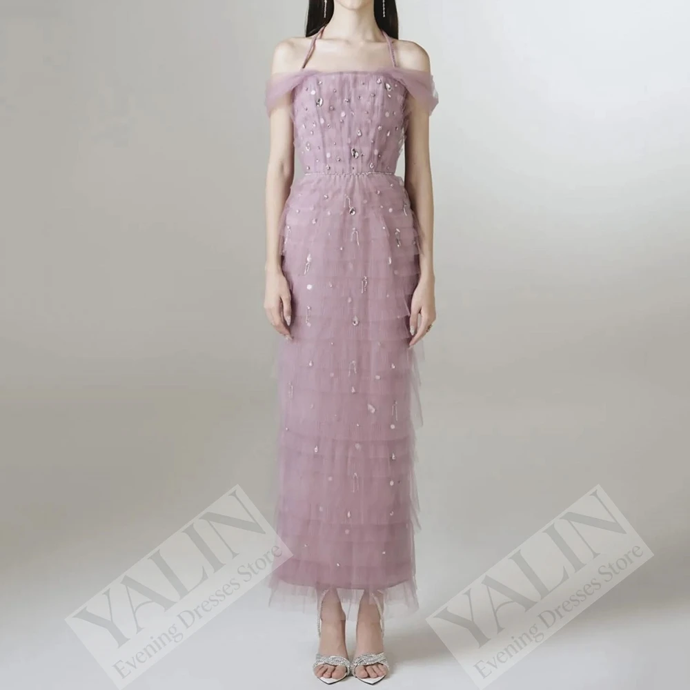 

Women's Straight Evening Dresses Ankle-length Spaghetti Strap Sleeveless Prom Dresses Fashion Crystal Backless Customized Gowns
