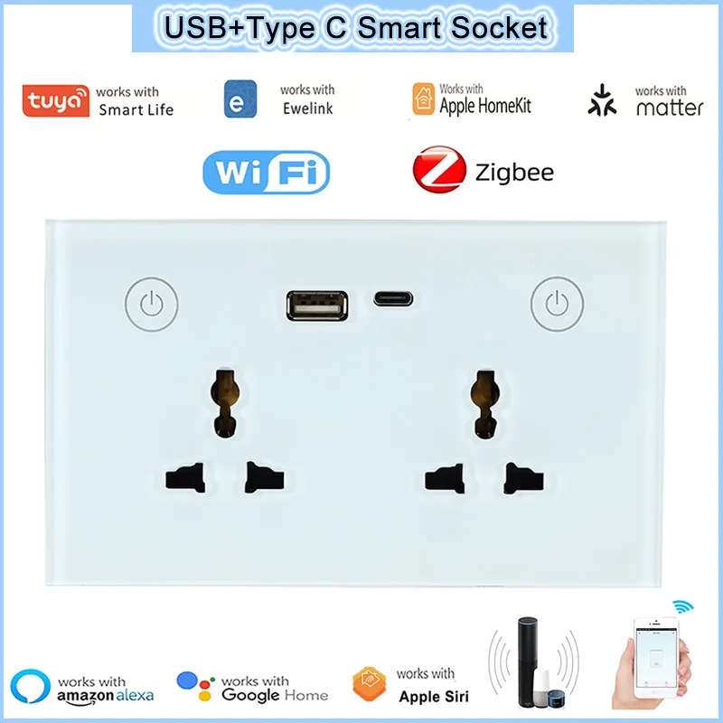 147 Tuya Ewelin-k HomeKit Matter Zigbee Wifi+Bluetooth Dual Mode Univeral USB+Type C Smart Wall Socket Touch Switch Gooole Alexa