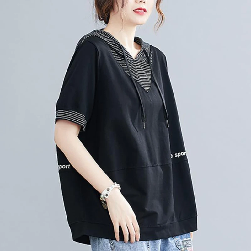 Fake Two-piece Hooded Short Sleeved Women\'s T-shirt Summer New Korean Version Loose Slimming Casual Versatile Top for Women