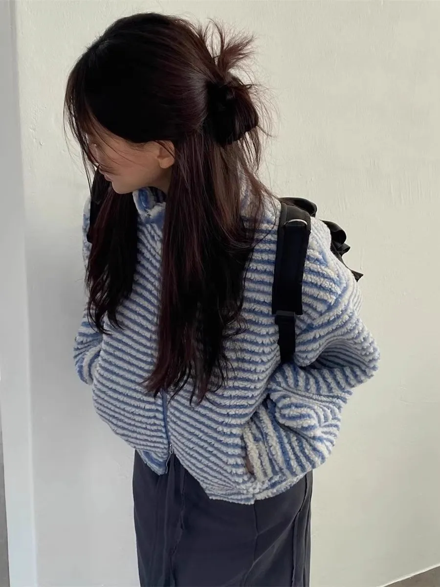 

Classic Autumn Winter Lamb Fur Jaet Zipper Casual Stand Collar Striped Outerwear Women's ort Coat Thiened Commute Sle
