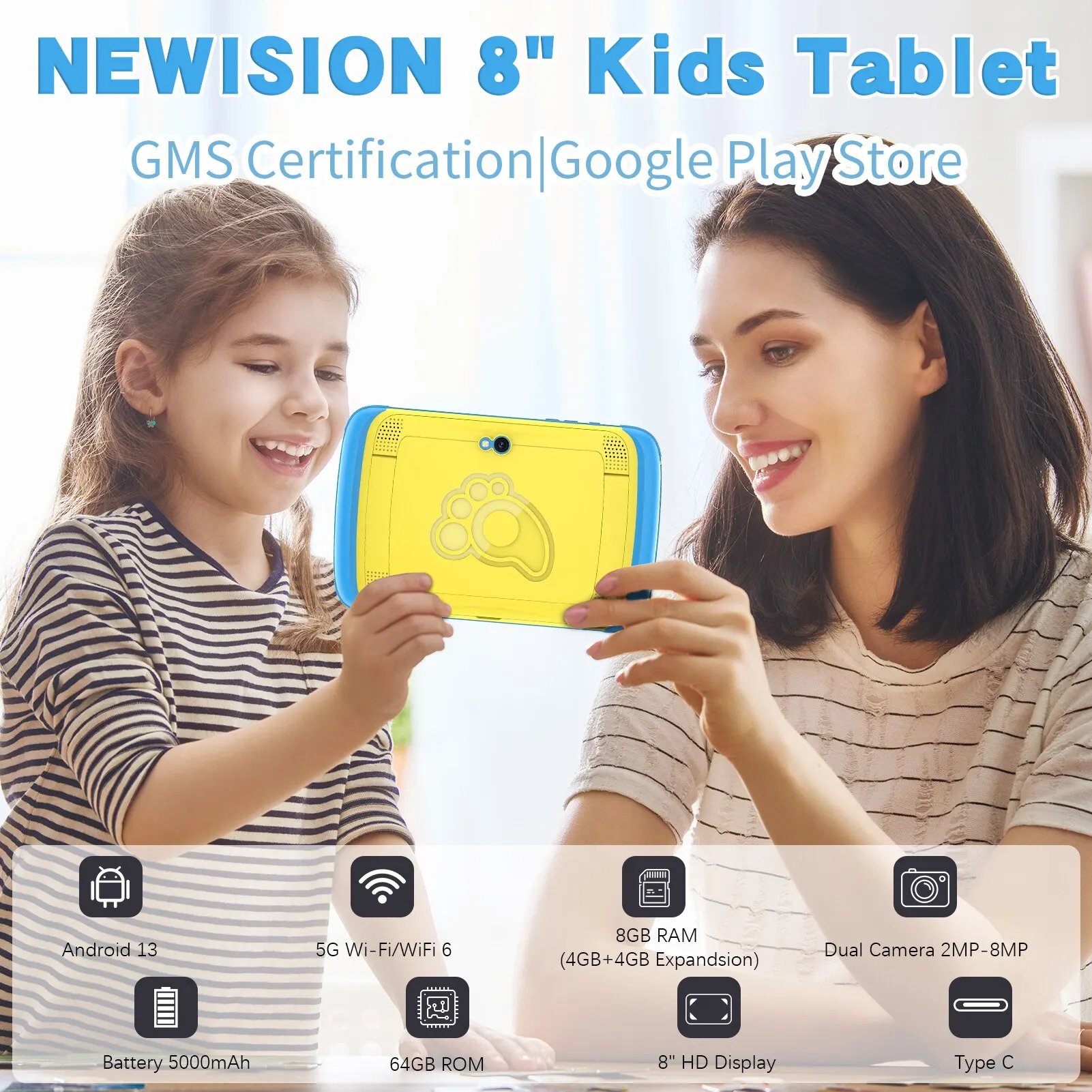 Tablet per bambini PRITOM da 8 pollici con sistema operativo Android 13, 8GB di RAM (espansione 4 + 4) e ROM da 64GB, 1280*800 IPS, batteria da 5000mAh, controllo dei genitori