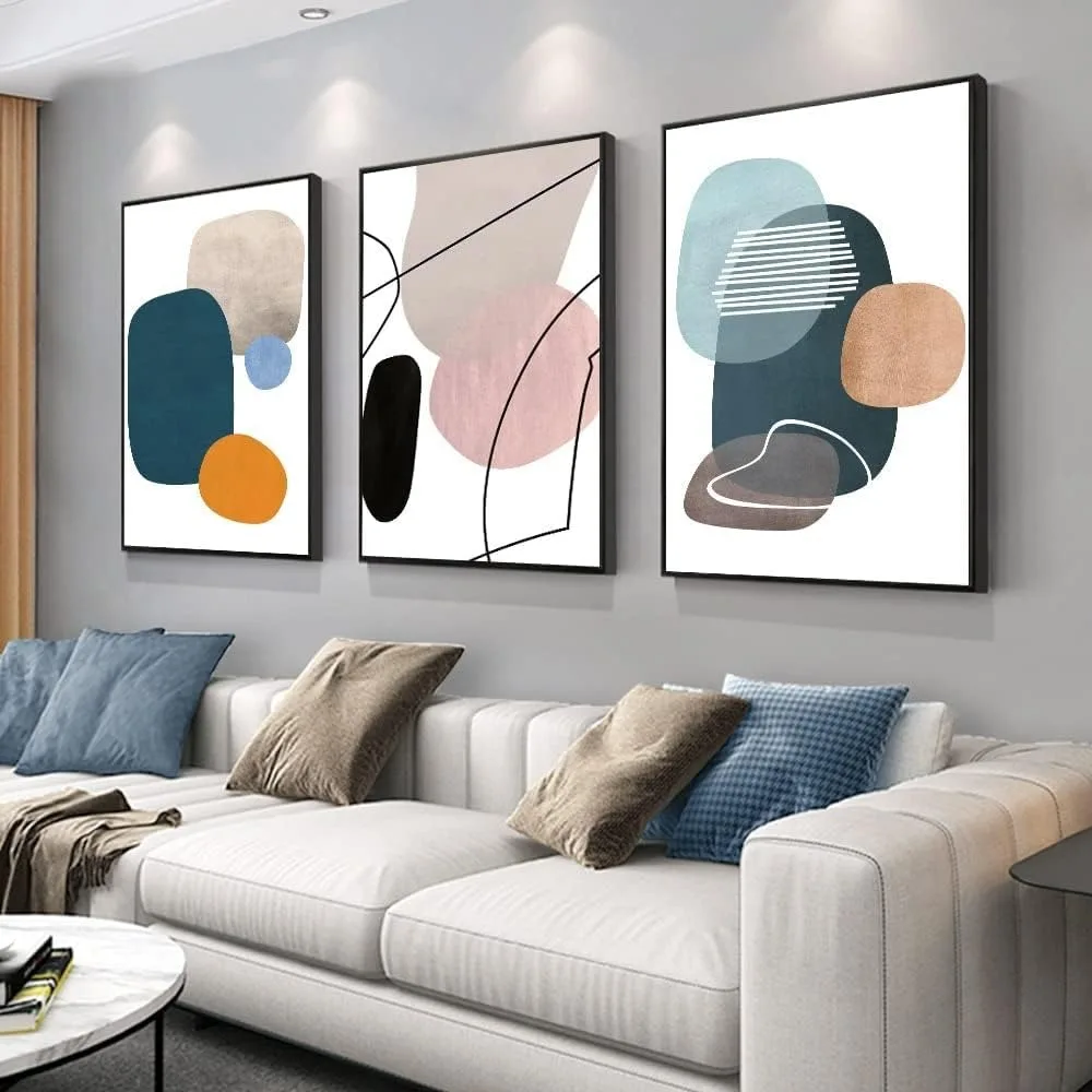 

Wall Art 3 Pieces Of Framed Decorative Paintings Abstract Simple Orange White Blue And Other Color Blocks Wall Art Canvas