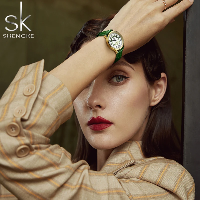 SHENGKE Fashion Green Leather Strap Calender Woman Watches Elegant Design Ladies Watch Original Women\'s Quartz Wristwatches SK