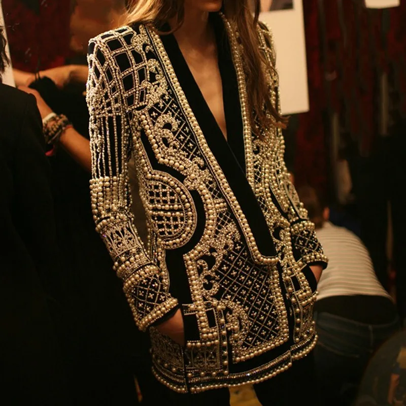 2026 spring new fashion elegant beaded printed long-sleeve women's jacket V neck suit with beaded jacket