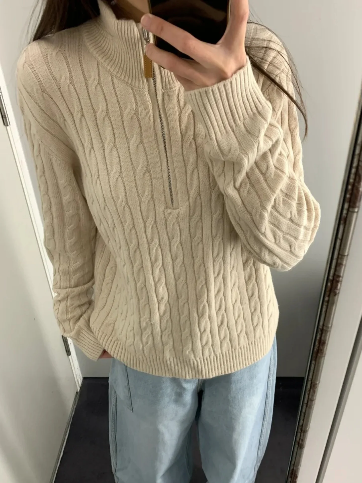 

Men's And Women's Loose Fit Zipped Knitwear Autumn Winter American Retro Sle Twist Yarn Lazy Sle Stand Collar Top