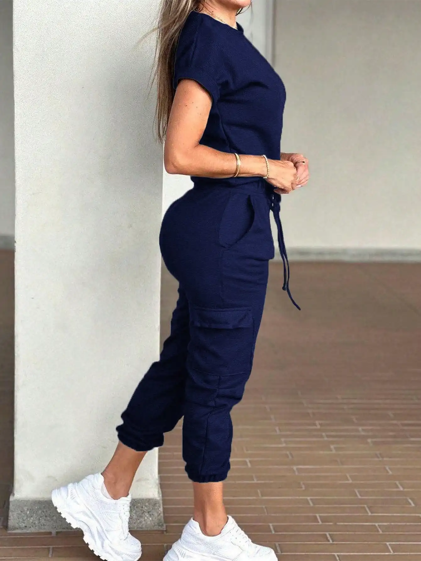 BWQ Tuta da donna casual con coulisse a maniche corte con scollo tondo, estiva