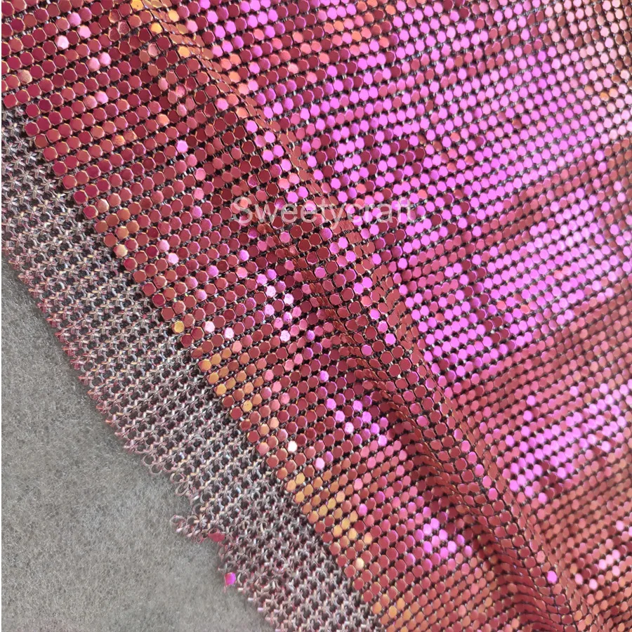 Scintillante 45*150 CM Rosa Iridescente Tessuto di Maglia Metallica Panno Paillettes Paillettes Cucito FAI DA TE Cotta di Maglia vestito Decorazione