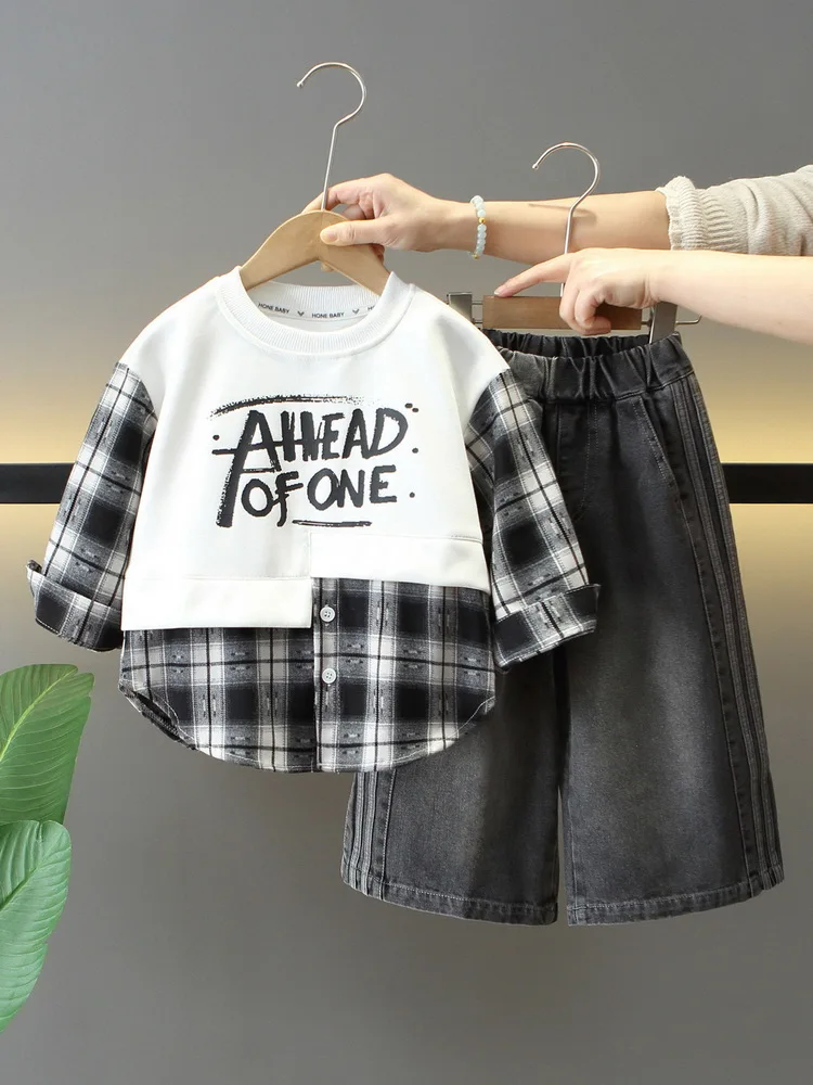 Baby Boys Fashionable Streetwear Kids Denim Vest+Patchwork Sweatshirt+Jeans 3pcs Suit Spring/Autumn Children Outfit 2-11 Years