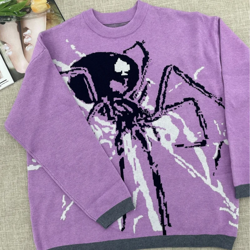 Y2k American Knitted Oversized Sweater Women Spider Web Print Pullover Harajuku Casual O-neck Jumper Tops Vintage Streetwear Emo