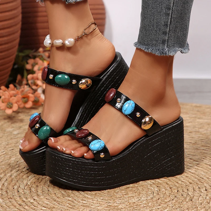 

Fashion Gems Chunky Wedges Sandals Women Summer Plus Size 43 Platform Slippers Woman 2026 Gold Super High Heeled Sandalias Mujer