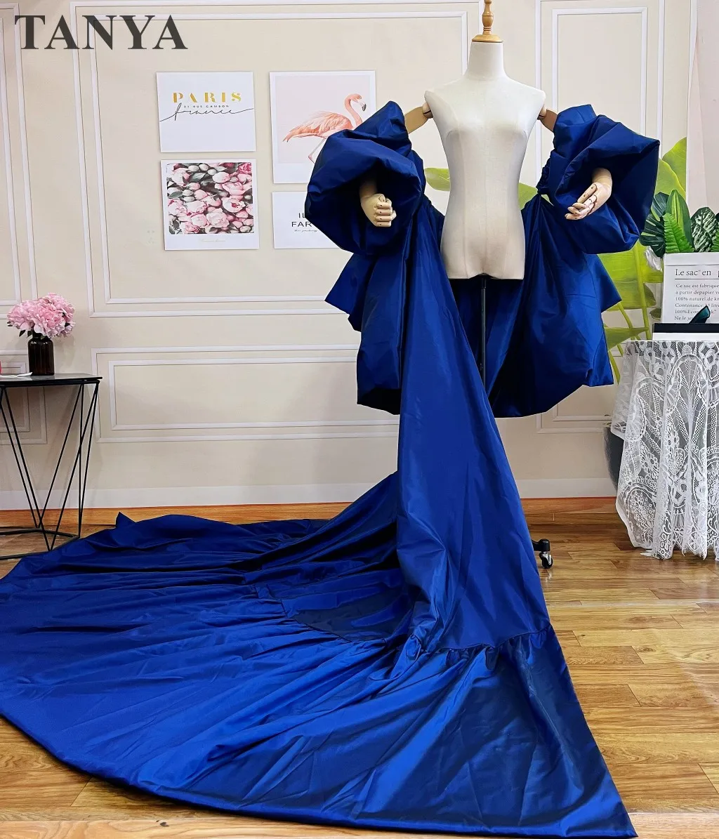 Royal BlueTaffeta Fashion Cape Tiered Back Puffy Sleeves Long Jacket Brides Wraps 2M Length Cover Up Bridal Cloak Accessories