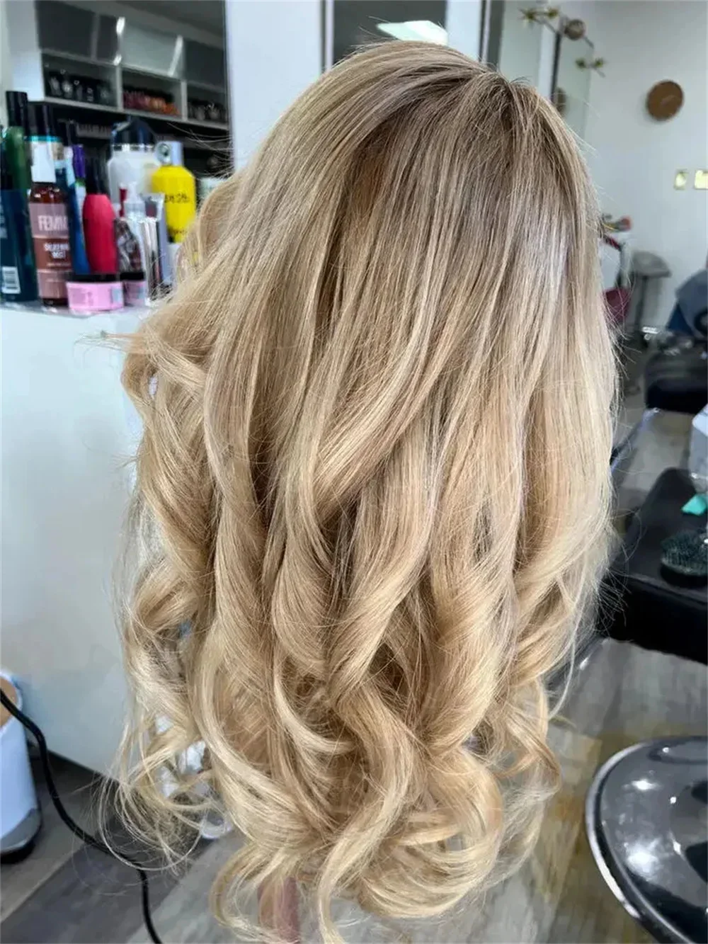 

Ombre Platinum Blonde to Brown HD Lace Front Wig for Women Loose Wave Synthetic Hair High Density Cosplay Wig