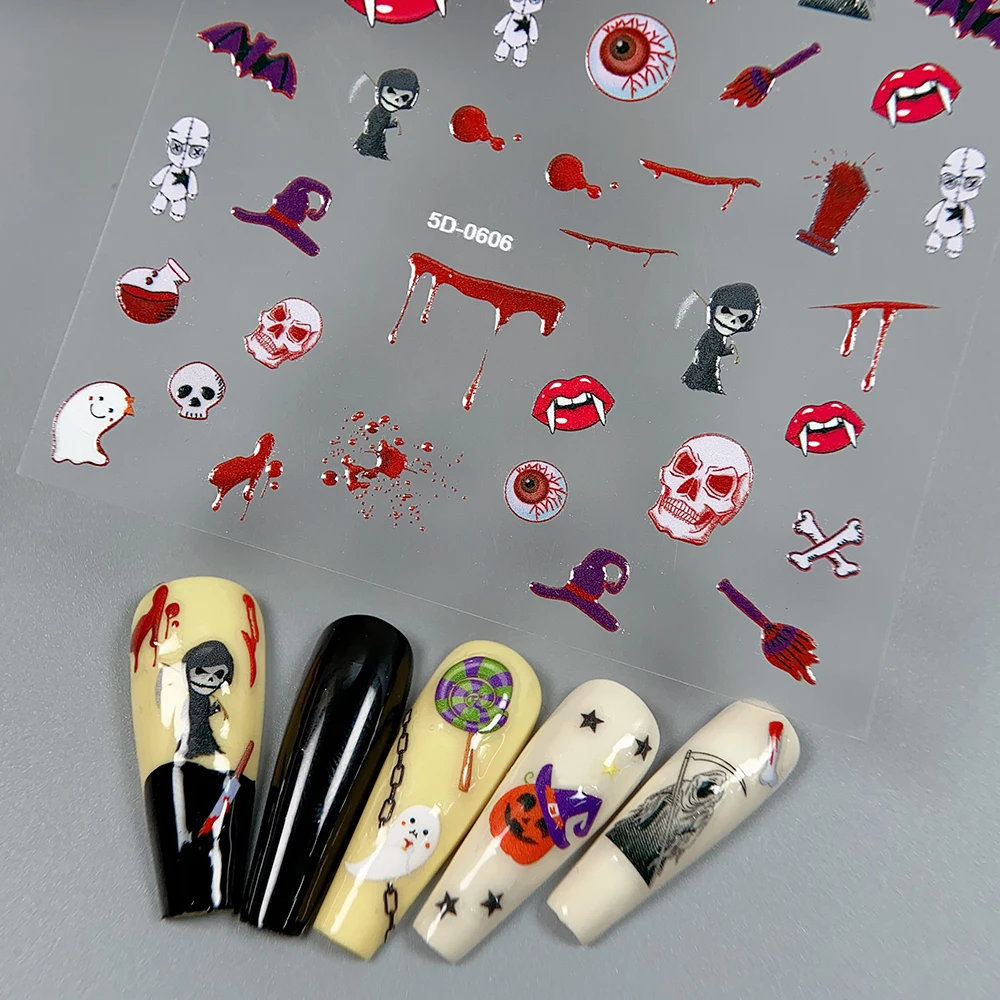 5D Halloween Nail Stickers Pumpkin Ghost Skull Red Blood Hand Skeleton Design Nail Slider Decals Horror Eyeball Nail Decoration