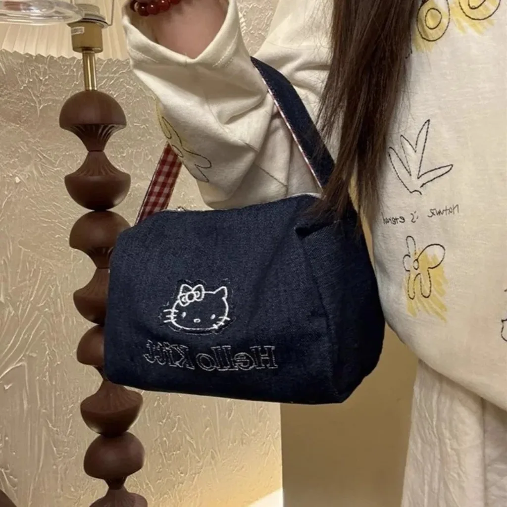 Sanrio Hello Kitty Embroidery Denim Cosmetic Bags Anime Handbags Cartoon Tote Large Capacity Clutch Bag Travel Organizer Satchel