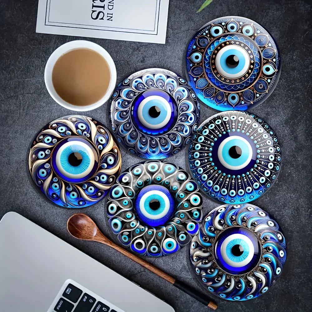 6 PCS 2D Wooden Coasters Blue Eye Pattern Theme Desktop Insulation Mats Home Decor Coffee Cup Coasters For Office Restaurant