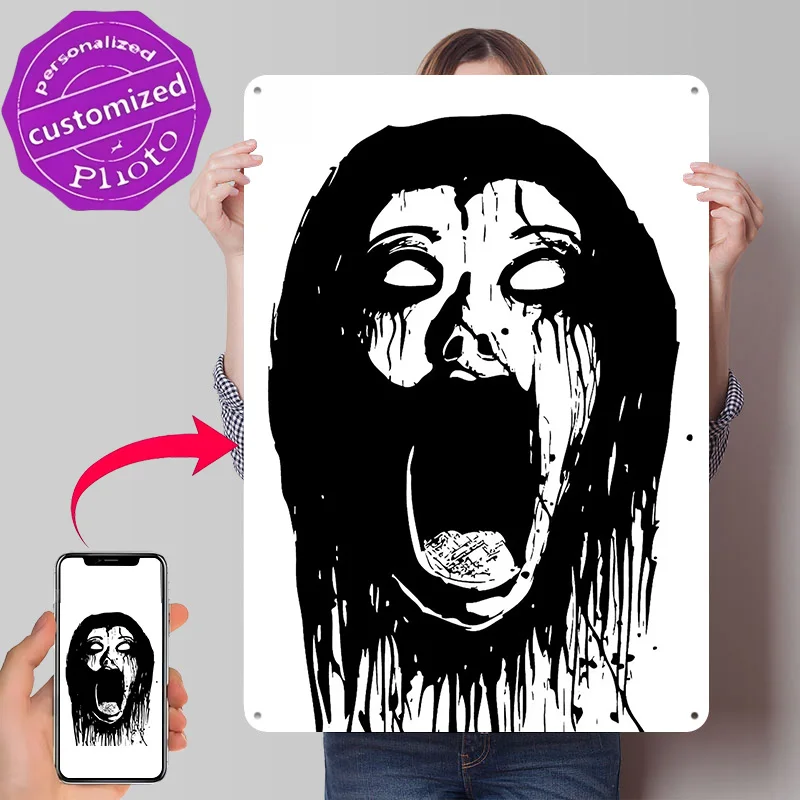 Screaming Horror Figure in Black and White 3D Texture Metal Poster Customized Wall Art Tin Sign Gift for Mancave Wand Deko Decor