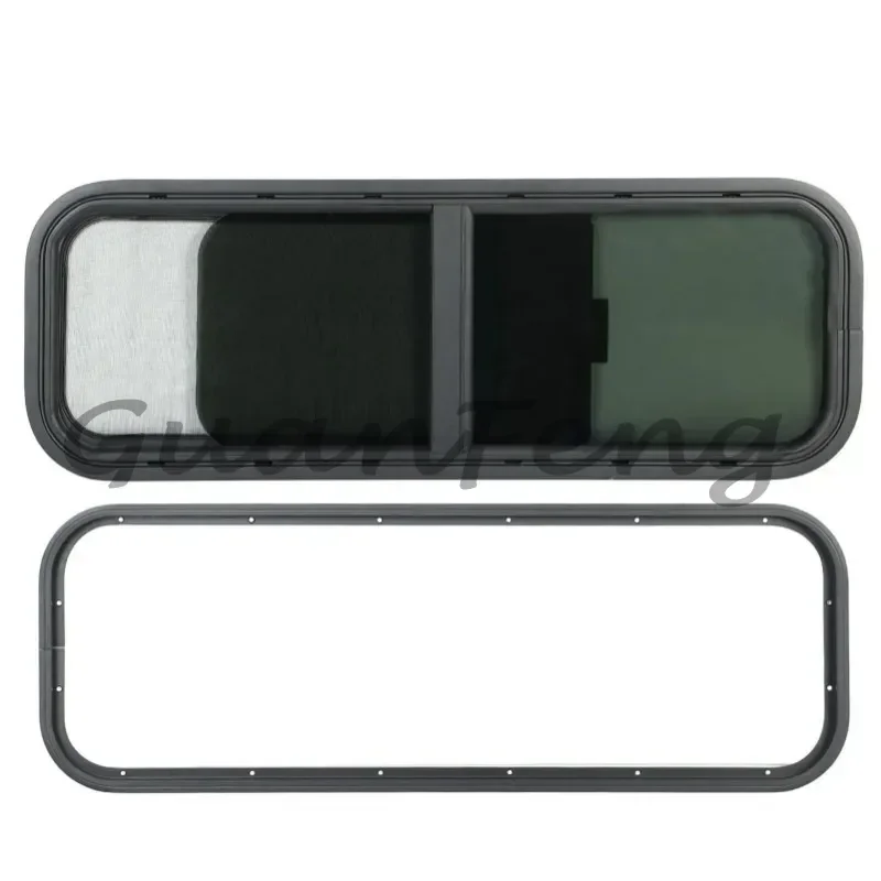 900x300mm RV Sliding Round Corner Window, Black Tempered Glass Window with Shade for Camper Trailer