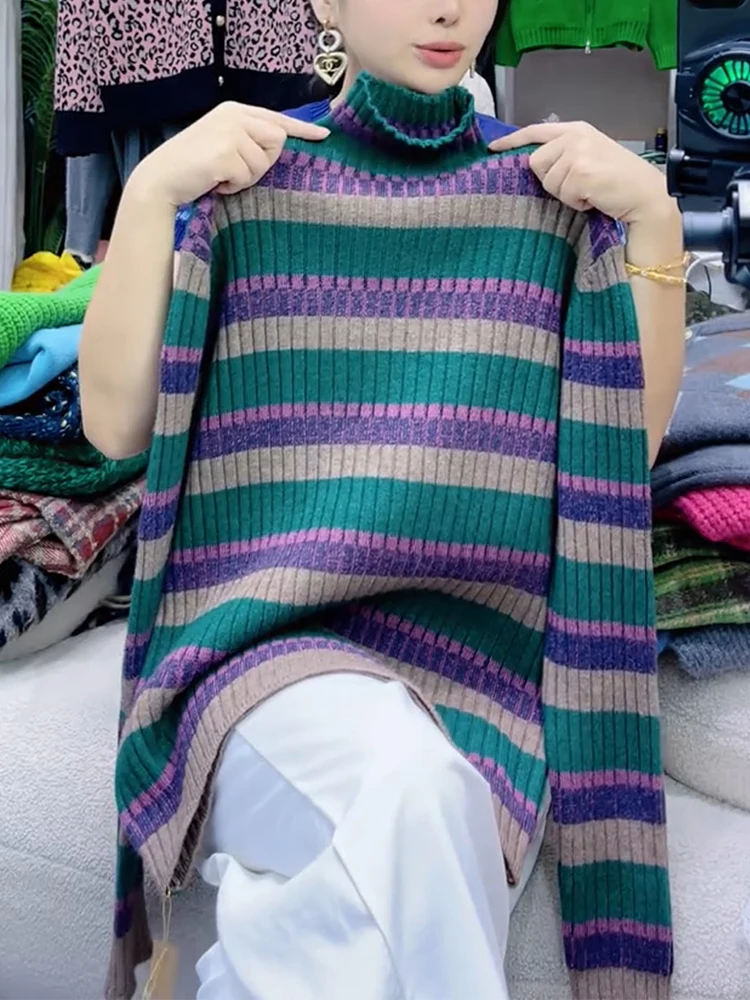 

Корейский вязаный свитер с высоким воротником в полоску, повседневный, больших размеров, скрывающий недостатки фигуры, базовый слой, модный, осенне-зимний, новинка