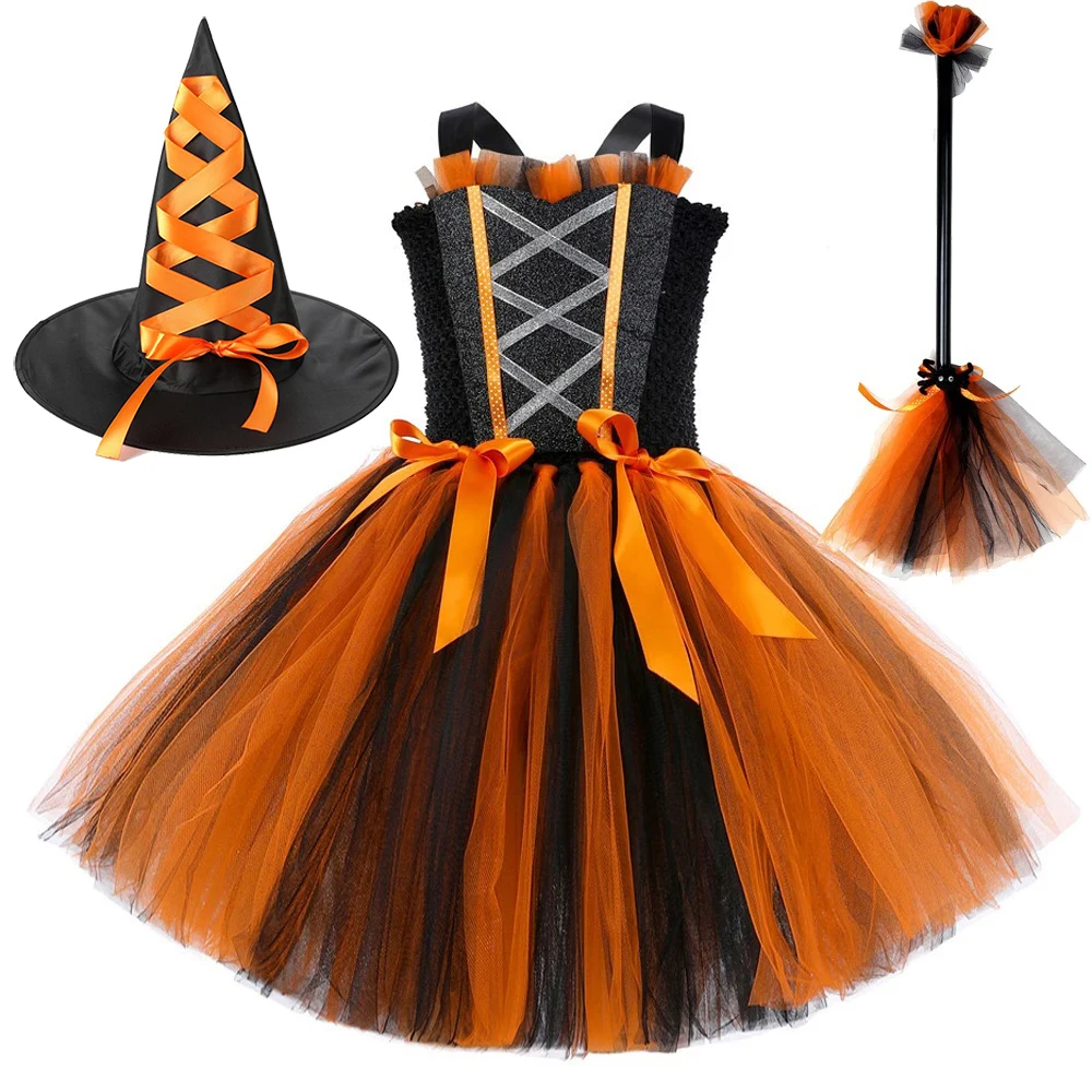 Kids Spider Witch Costumes for Girls Carnival Halloween Fancy Dresses with Magic Broom Hat Children Black Orange Witches Clothes