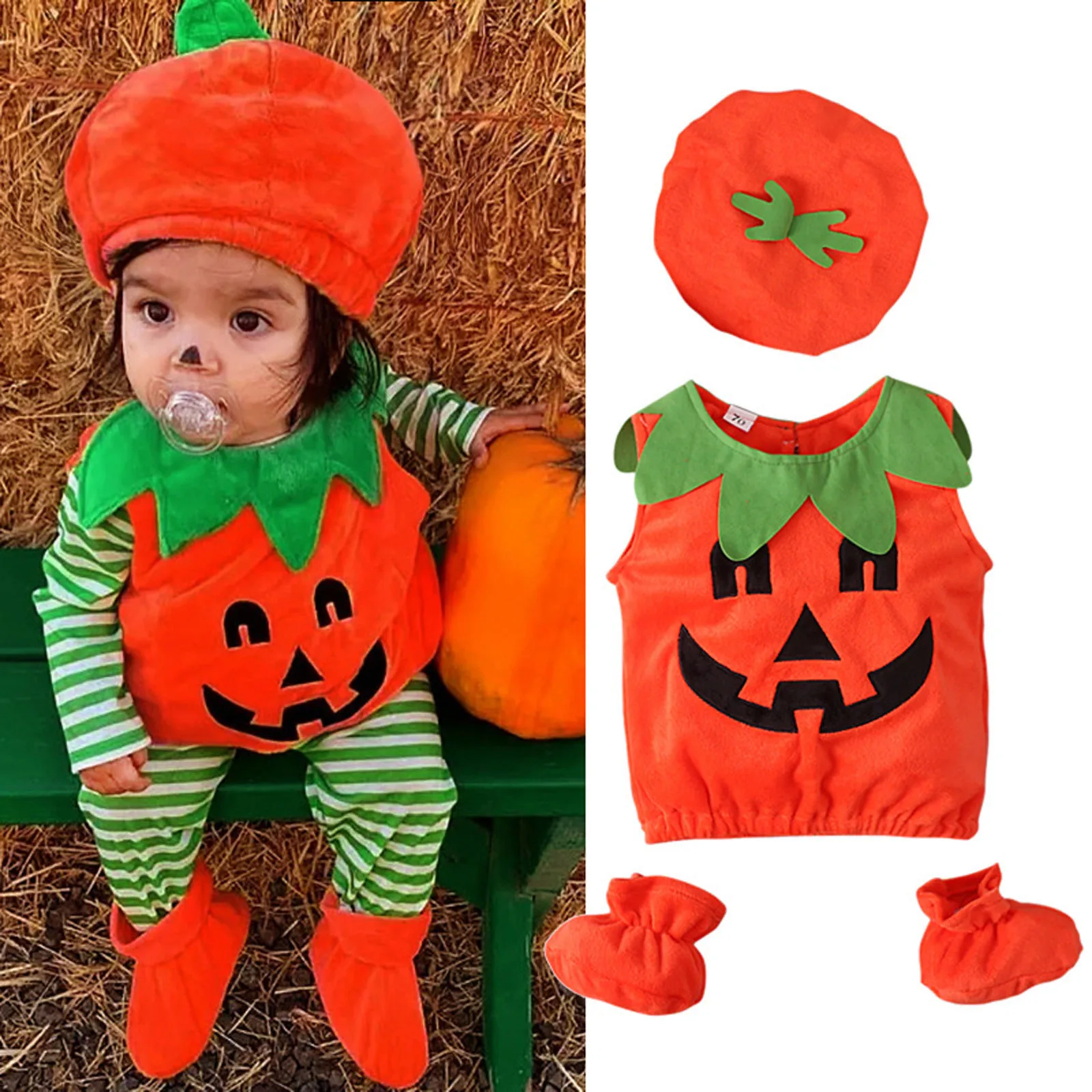 Baby Costume Kids Pumpkin Romper With Hat Boys Girls Cosplay One-Piece Infant Summer Casual Onesie Halloween Jumpsuit 0-3 Years