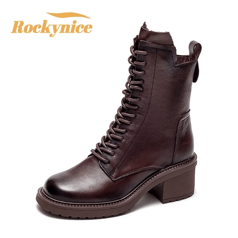 

New 2025 Cow Genuine Leather Boots High Quality Pumps Autumn Winter Women Shoes Square Heels Ankle Boots Zipper Motorcycle Boots