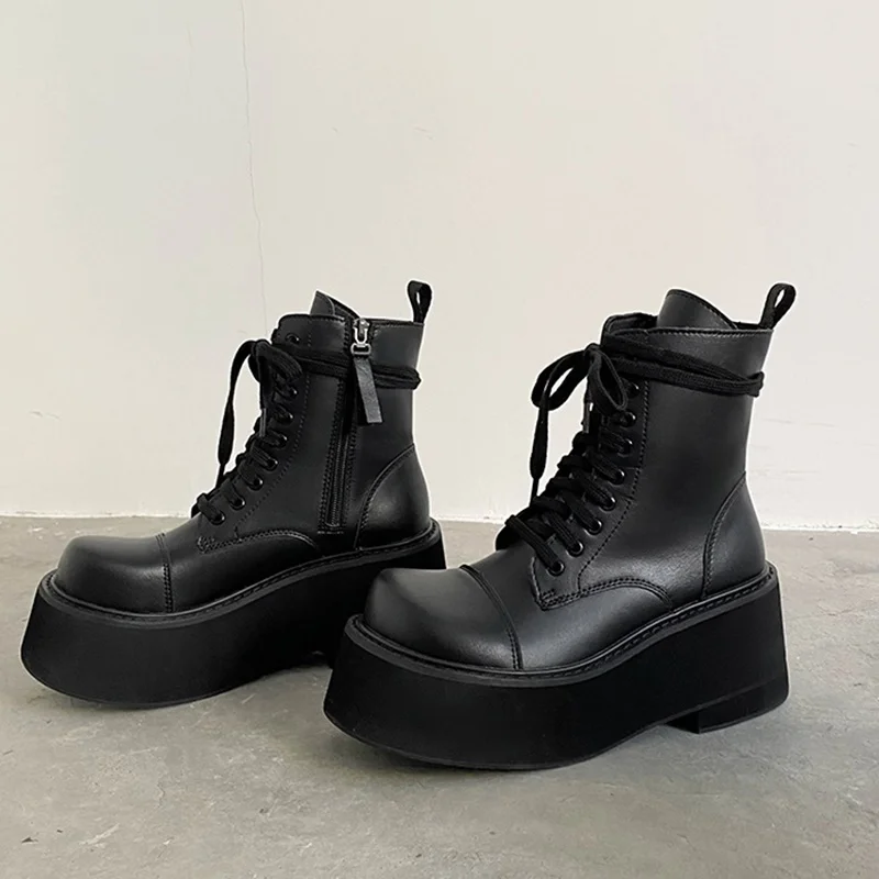 

Platform Corss Strap Oversize Toe Boots Sexy Round Toe Thick Heel Matte Leather New Arrivals Fashion Women Boots