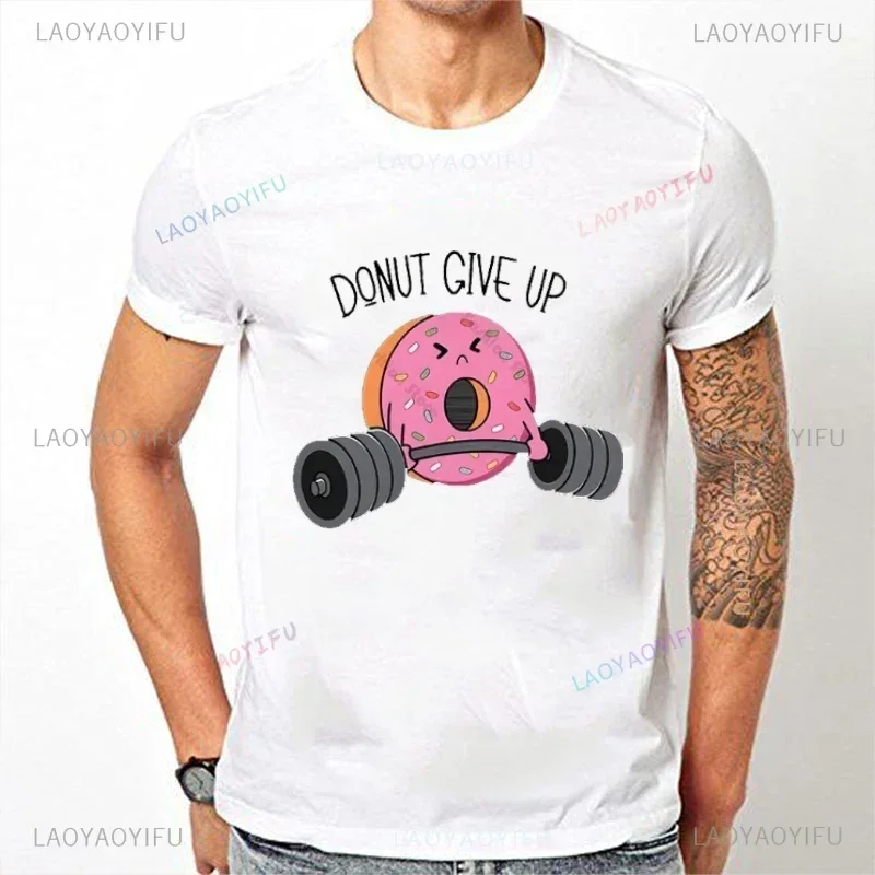 Rat Fitness Unisex T-Shirt DONUT GIVE UP Donut Fitness Funny Gym Rat Bodybuilding Crewneck Shirt Men Casual Short Sleeve Tops