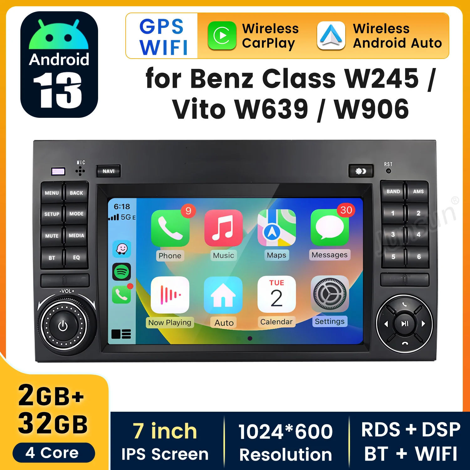 AWESAFE 7" Wireless CarPlay for Apple Android Auto Car Radio Stereo For Mercedes Benz B200 Vito W639 Viano W169 W245 BT RDS FM image 3