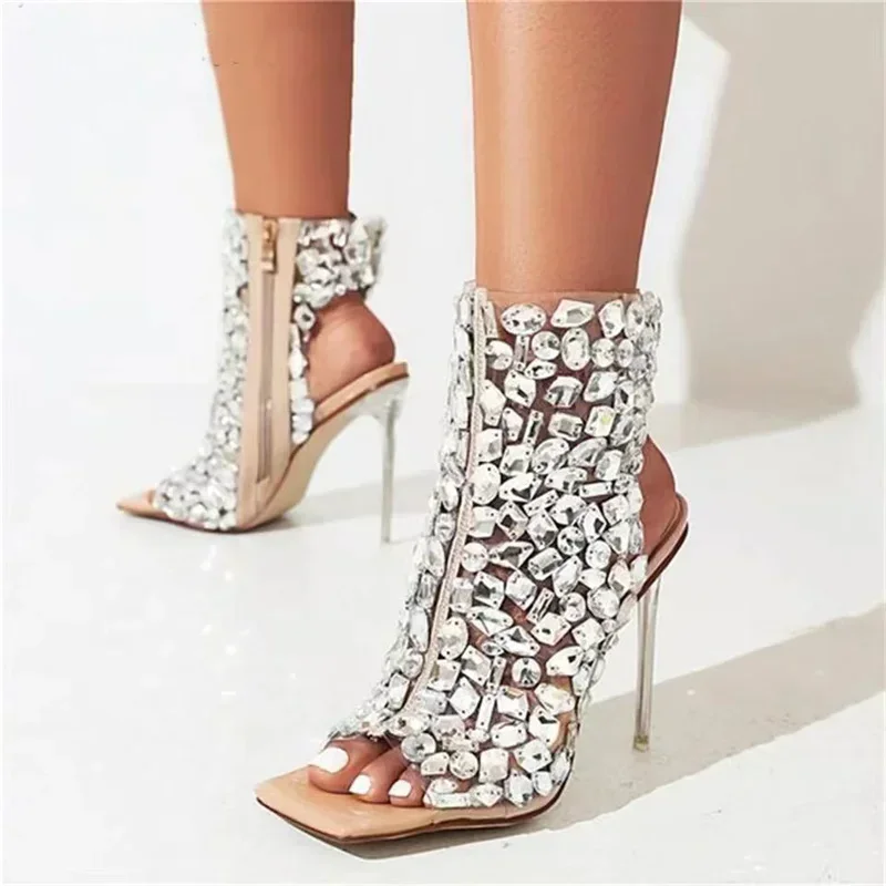 

Fashion 2024 New Crystal/rivet Zipper Sandals Stage Banquet Nightclub High Heels Women Shoes Apricot Silver Dress Matching