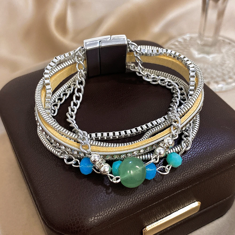 ALLYES Vintage Natural Stone Multilayer Wrap Thick Chain Bracelet Bohemian Leather Bracelets for Women Jewelry Gifts