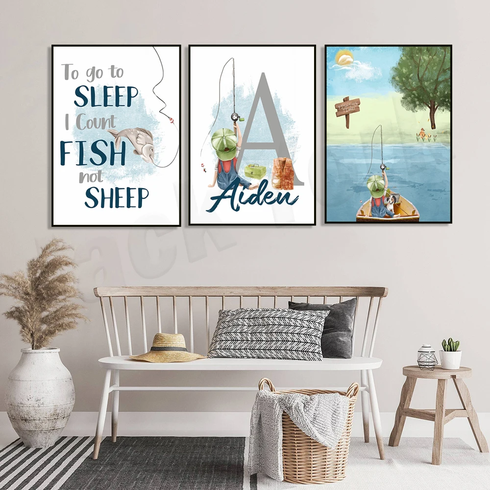 I count fish while I sleep, little boy and dog nursery fishing poster, rustic outdoor printable, fishing art,