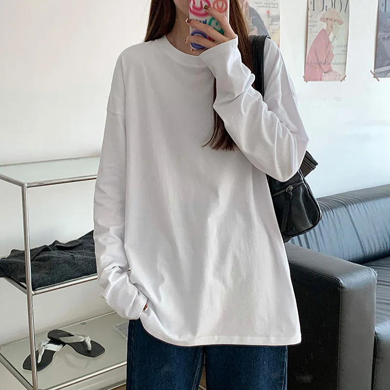

White Long Sleeve T-Shirt For Women Early Simple Loose Pure Cotton Base Shirt Spring Autumn Layered Inner Wear Solid Color Tee