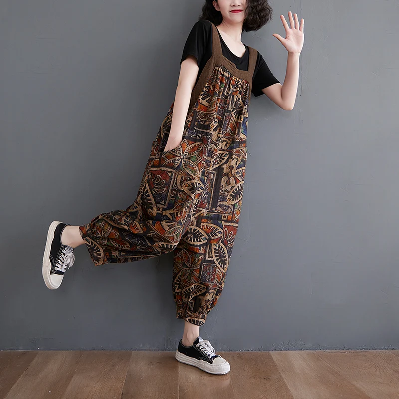 

Vintage Print Cotto Linen Overall Bib Rompers Bloomers Fashion Suspenders Jeans Casual Loose Wide Leg Straps Baggy Pants Pockets