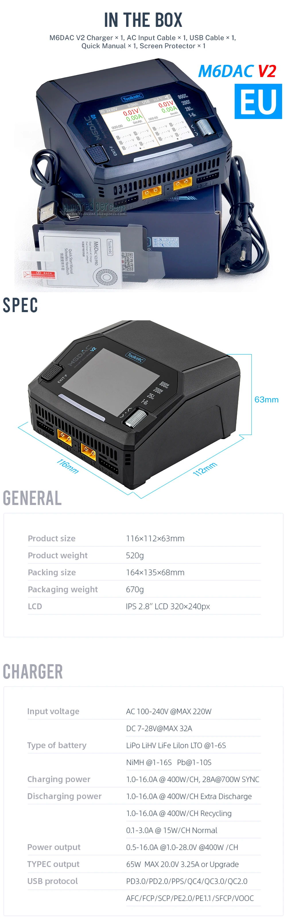ToolkitRC M6DAC V2 Charger 1-6S Intelligent Control 2-Channel 2CH AC/DC BAT Model Toy Car Lithium BBattery Fast Charging Device