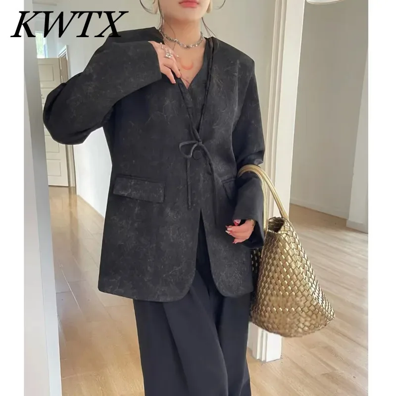 KWTX Pure Color Simple Design Sense 2025 Spring And Autumn New Female V-neck Coat + Vest Two-piece Set