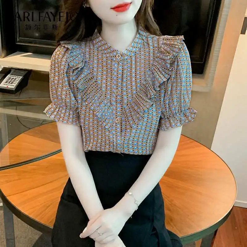 Women\'s 2024 Summer New Korean Commute Spliced Printed Ruffles Shirts Stand Collar Button Slim Chic Short Sleeve Chiffon Blouses