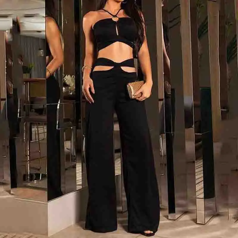 

2023 Sexy Solid Color Bra And Backless Pants Set Summer Sleeveless Neck Top+High Waisted Hollowed Out pants Two-Piece Suit