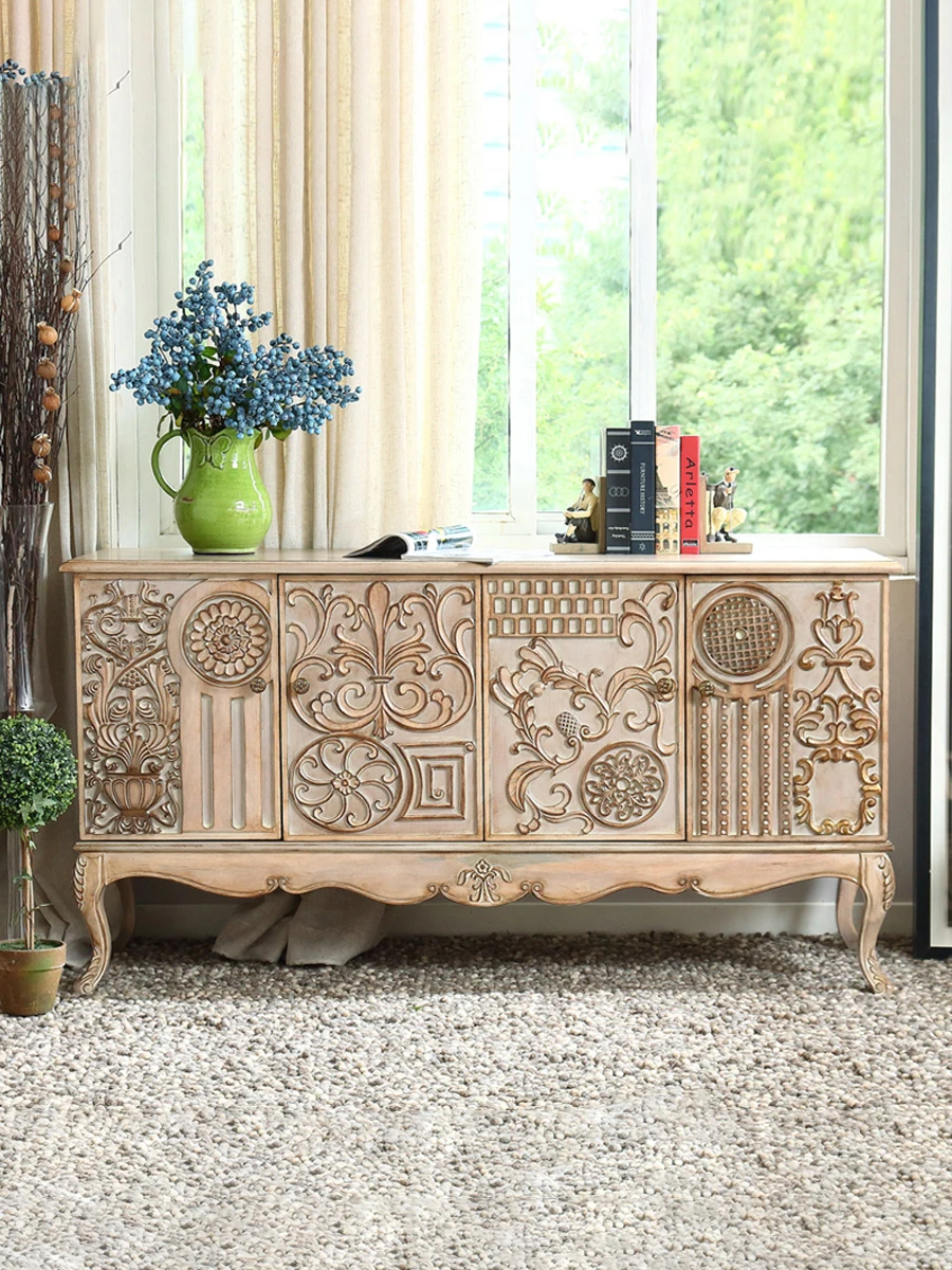 Rural neoclassical solid wood sideboard wine cabinet integrated with carved light lockers against the wall to make the old porch