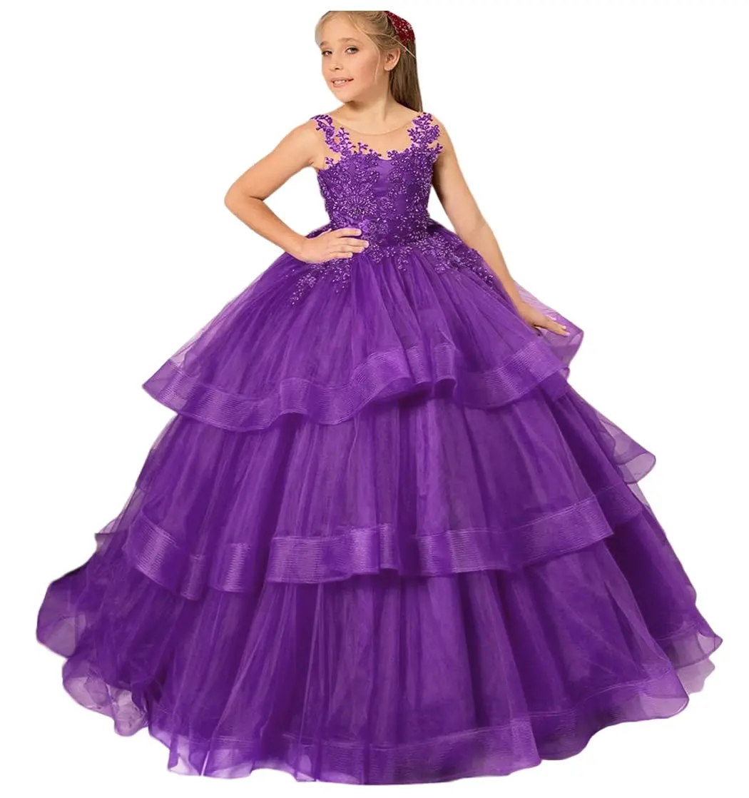 Abiti da ragazza di fiori senza schienale Appliques di perline abito da spettacolo in Tulle arruffato per bambini piccoli/grandi abiti da festa di compleanno principessa