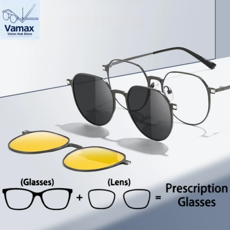 

VAMAX Men's Prescription Glasses Set Magnetic UV Protected Polarized Sunglasses Night Vision Lens 3 In 1 Eyewear