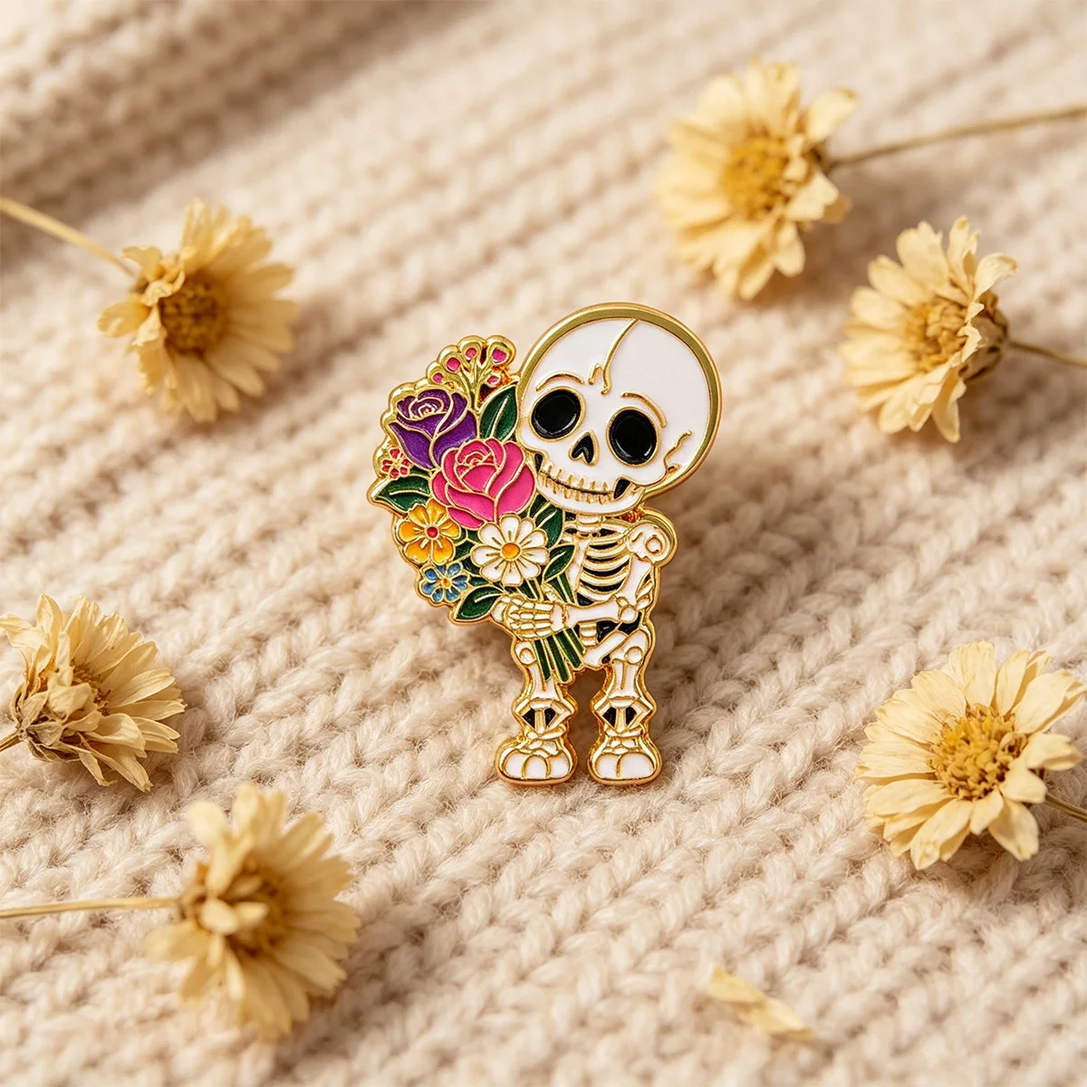 9 Stück Skelett mit Blumenstrauß Emaille-Pins, Totenkopf-Blumen-Metallbroschen, Abzeichen für Rucksack, Kleidung, Dekoration, Accessoires, Geschenk – Detail 6