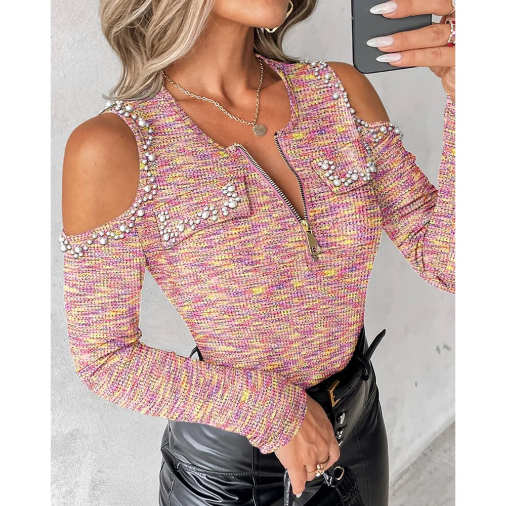 

2025 Women Pearls Decor Cold Shoulder Long Sleeve Half Zipper Fornt Tee Flap Detail Colorful Waffle Slim Fit Top for Autumn